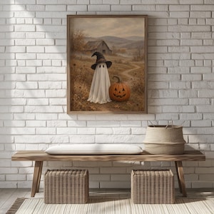 Vintage-style autumn painting printable art — ghost in witch hat surrounded by country fields and weathered barns