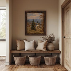 Harvest chapel digital painting for study — sage and amber tones with quaint village rooftops