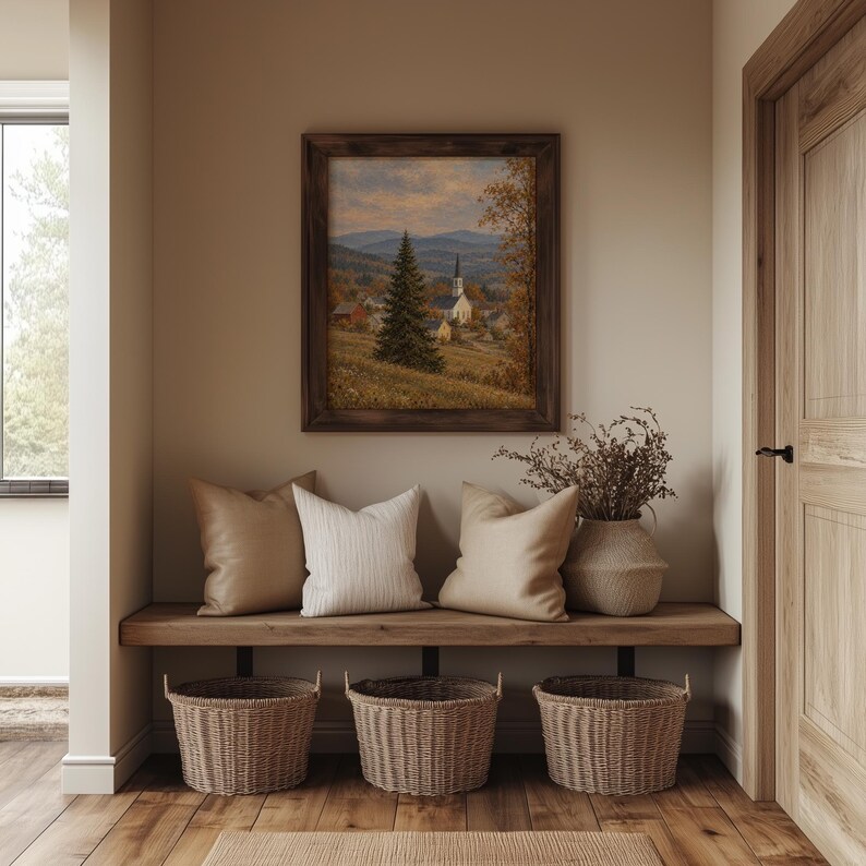 Harvest chapel digital painting for study — sage and amber tones with quaint village rooftops