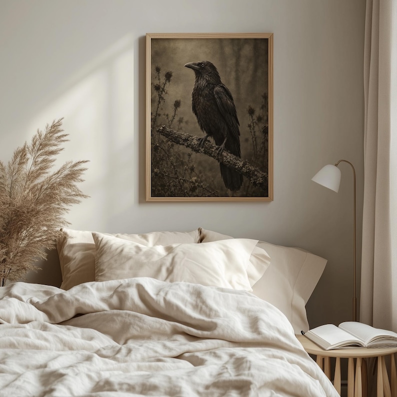 Gothic raven digital print wall art for library — haunting vintage photograph aesthetic with weathered foliage backdrop