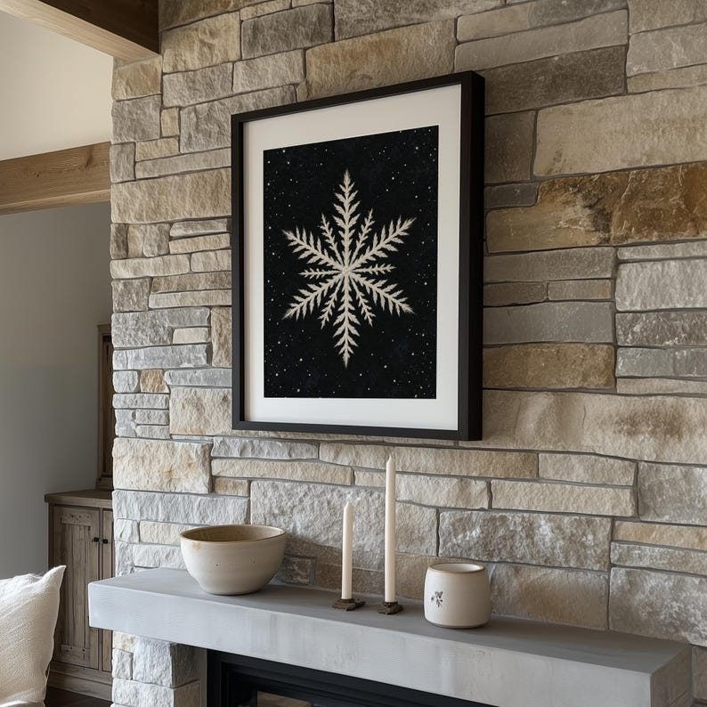 Painterly snowflake wall art printable for living room — delicate cream linework on dark atmospheric canvas