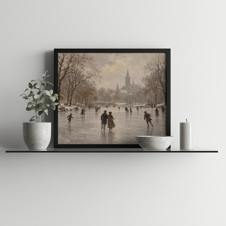 Winter scene poster for farmhouse decor — antique-style ice skaters with distant spire and bare branches