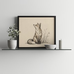 Fox and wild grasses wall print — textured ink drawing evoking timeless naturalist field journal style