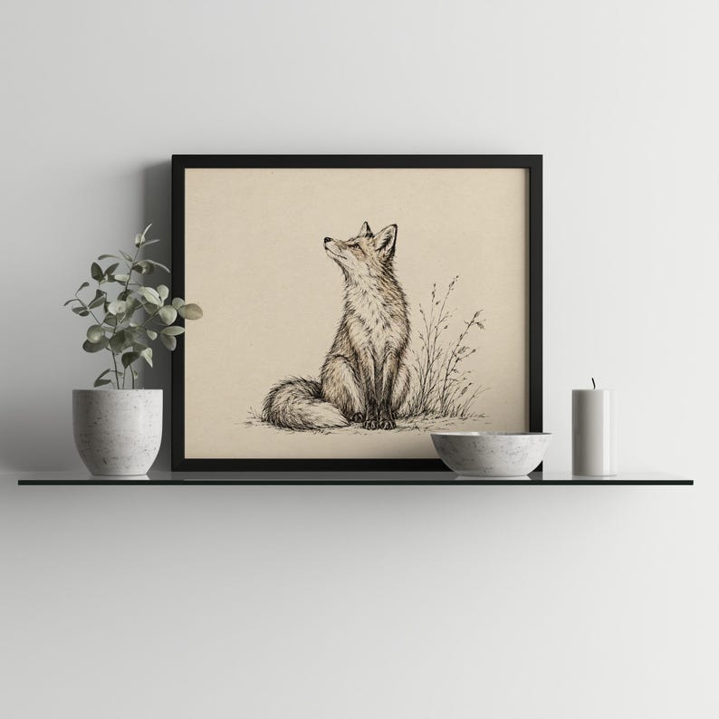 Fox and wild grasses wall print — textured ink drawing evoking timeless naturalist field journal style