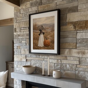 Instant download Halloween wall art featuring sheet phantom and jack-o'-lantern in rustic field setting