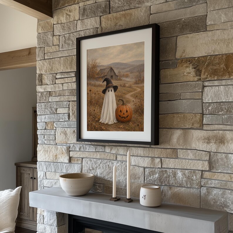 Instant download Halloween wall art featuring sheet phantom and jack-o'-lantern in rustic field setting