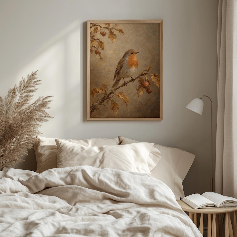 Nestled redbreast bird printable wall art — timeless woodland mood with vintage charm