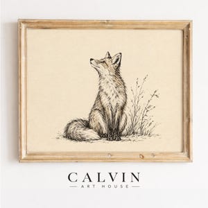 Vintage fox sketch poster for living room — aged paper texture with understated earthy woodland vibes