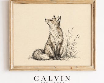 Vintage Fox Line Drawing, Rustic Woodland Animal Sketch Printable Wall Art (Digital Download)