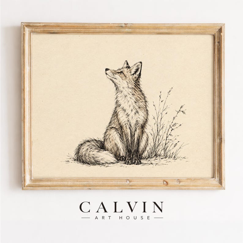Vintage fox sketch poster for living room — aged paper texture with understated earthy woodland vibes