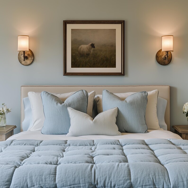 Woolly sheep artwork with wildflower meadow — serene countryside printable for gallery walls