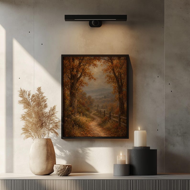 Autumn forest pathway digital download for gallery wall — vintage palette with amber, rust, and muted tones