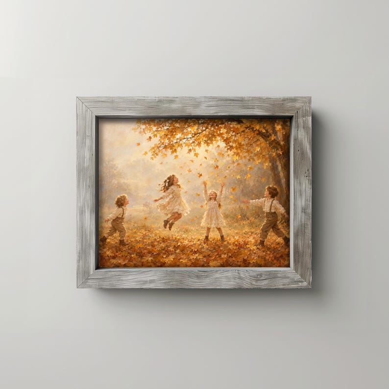 Vintage autumn scene with young ones poster for farmhouse decor — classic nostalgic painting featuring golden maple and swirling leaves