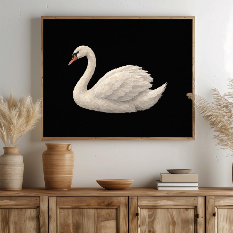 Vintage swan painting picture for bedroom — soft feathered detail with refined gallery-like contrast