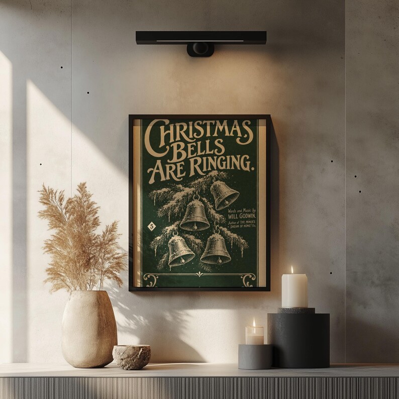 Retro festive bells picture for gallery wall — antique reproduction print with evergreen branch and traditional ornamentation