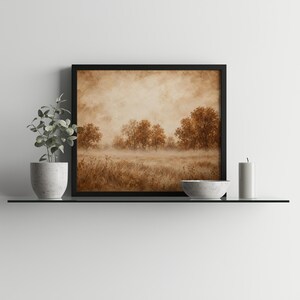 Dreamy autumn countryside digital art print — cozy farmhouse aesthetic with hazy golden trees and fog
