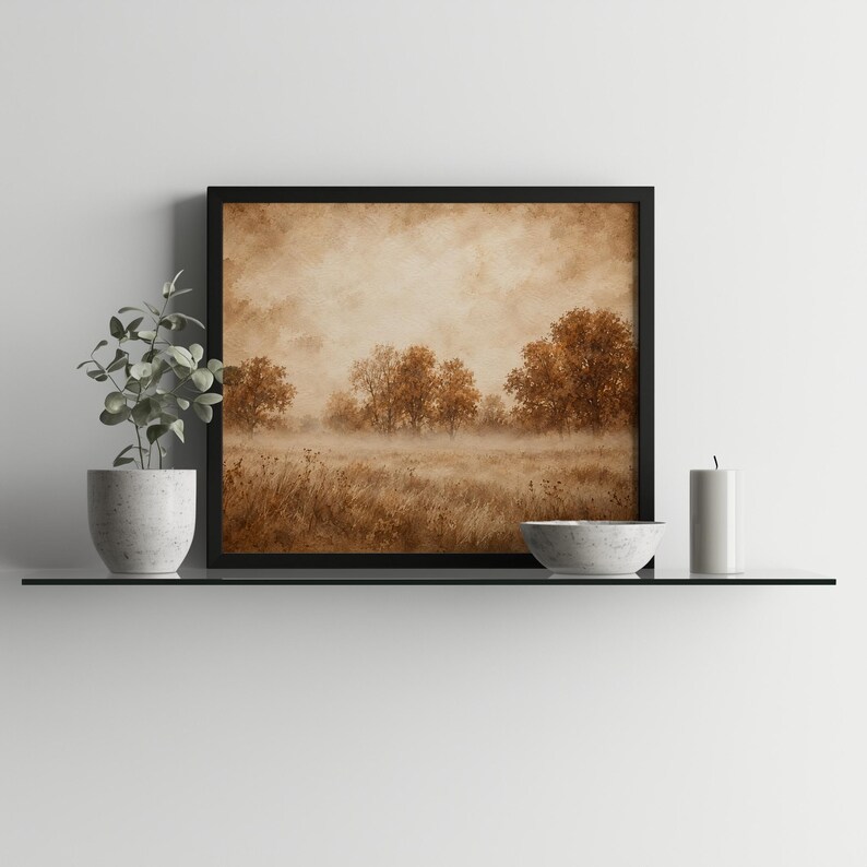 Dreamy autumn countryside digital art print — cozy farmhouse aesthetic with hazy golden trees and fog