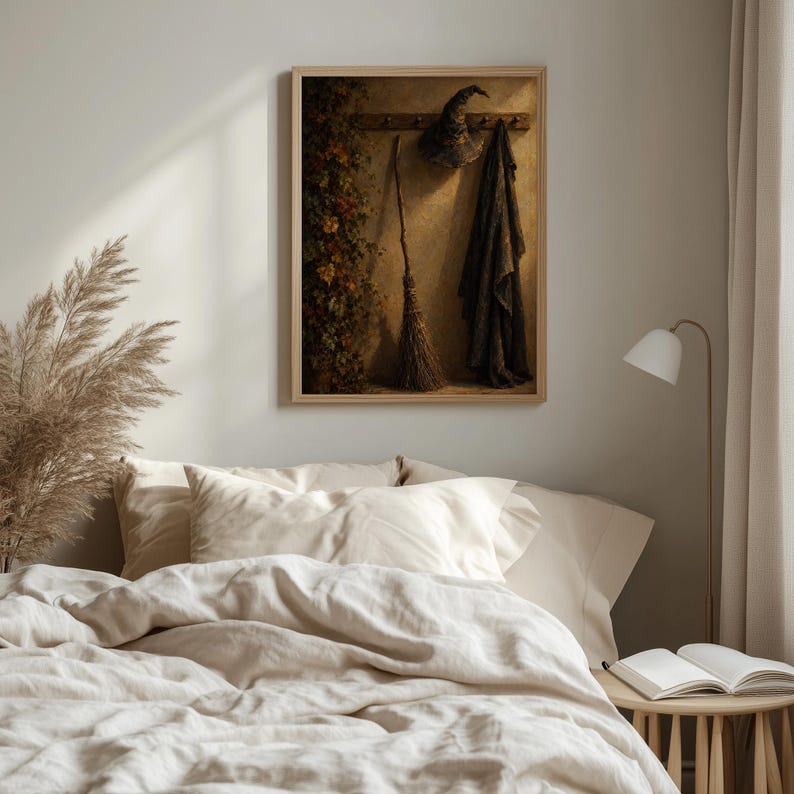 Dark romantic wall poster of pointed hat and mystical broom — ornate vintage composition