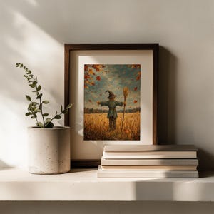 Autumn field scarecrow digital artwork for living room — vintage oil painting style with warm golden palette and farmhouse aesthetic