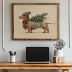 Dachshund with Christmas tree printable art for living room — cozy holiday pet illustration