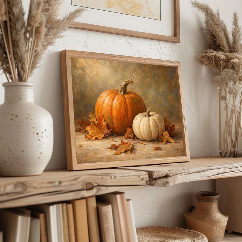 Autumn décor poster for dining space — traditional still life with scattered maple leaves and aged finish