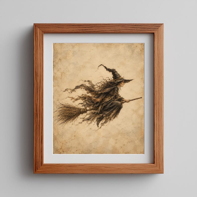 May include: A framed wall art print featuring a sepia-toned illustration of a figure in a pointed hat and tattered robes flying on a broomstick. The artwork is set against a textured, parchment-like background and enclosed in a wooden frame.