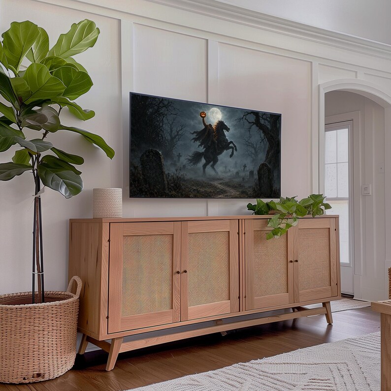 Gothic ghost story TV art featuring spectral rider chasing across foggy graveyard — atmospheric Samsung Frame TV screensaver with haunted aesthetic