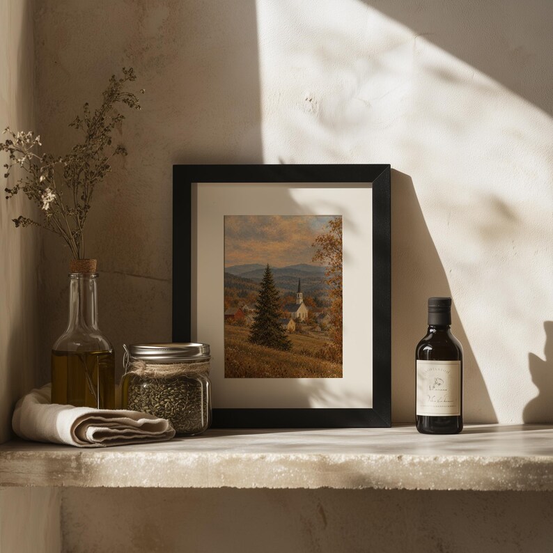 Harvest time landscape poster printable art — traditional steeple in rolling countryside terrain
