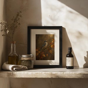 Autumn nature poster featuring perched songbird — vintage aesthetic with soft brushwork and warm glow