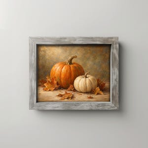 Seasonal cottage painting printable art — pumpkin and leaf arrangement with earthy, inviting warmth
