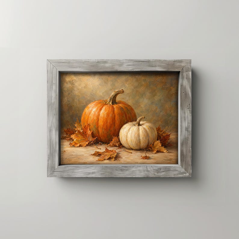 Seasonal cottage painting printable art — pumpkin and leaf arrangement with earthy, inviting warmth