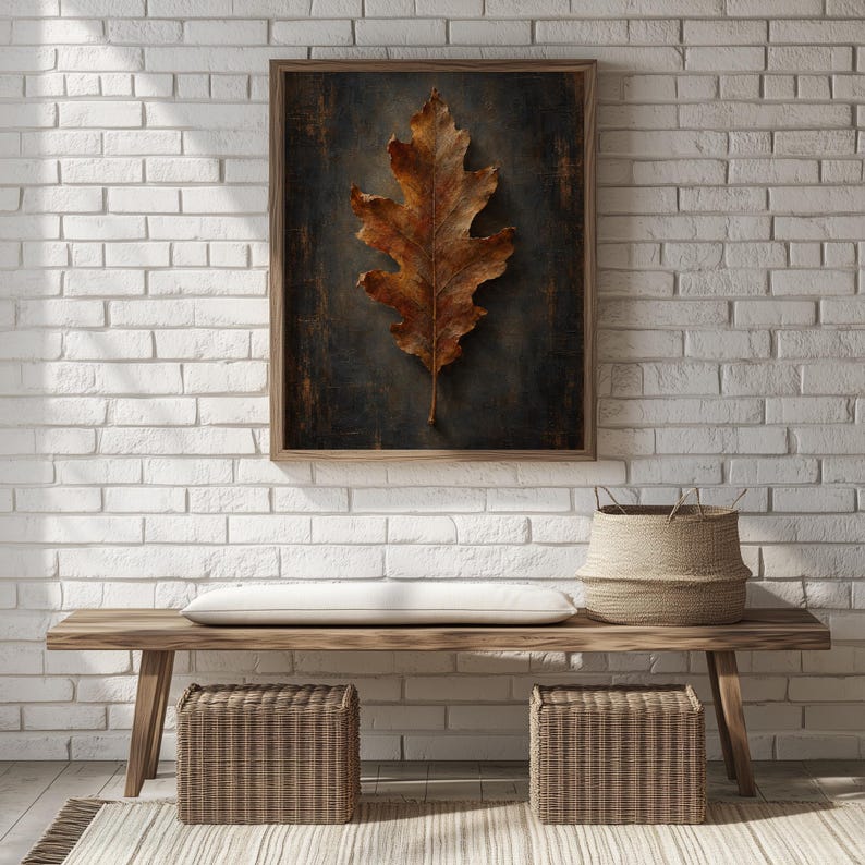 Rust-toned leaf painting for living room wall art — sculptural botanical with moody backdrop