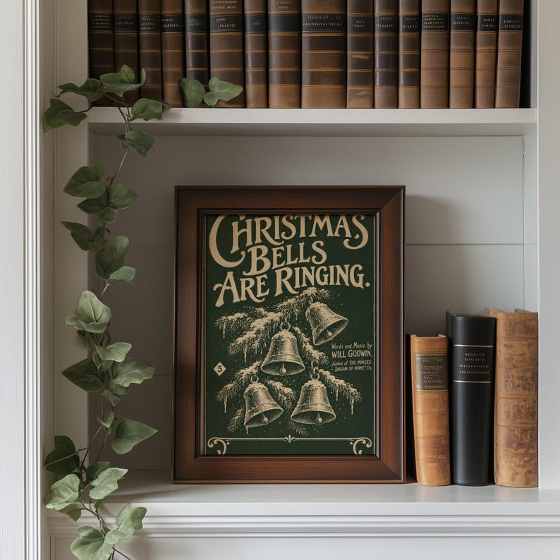Classic holiday bells picture print — vintage aesthetic with ornamental corner details and icicle embellishments