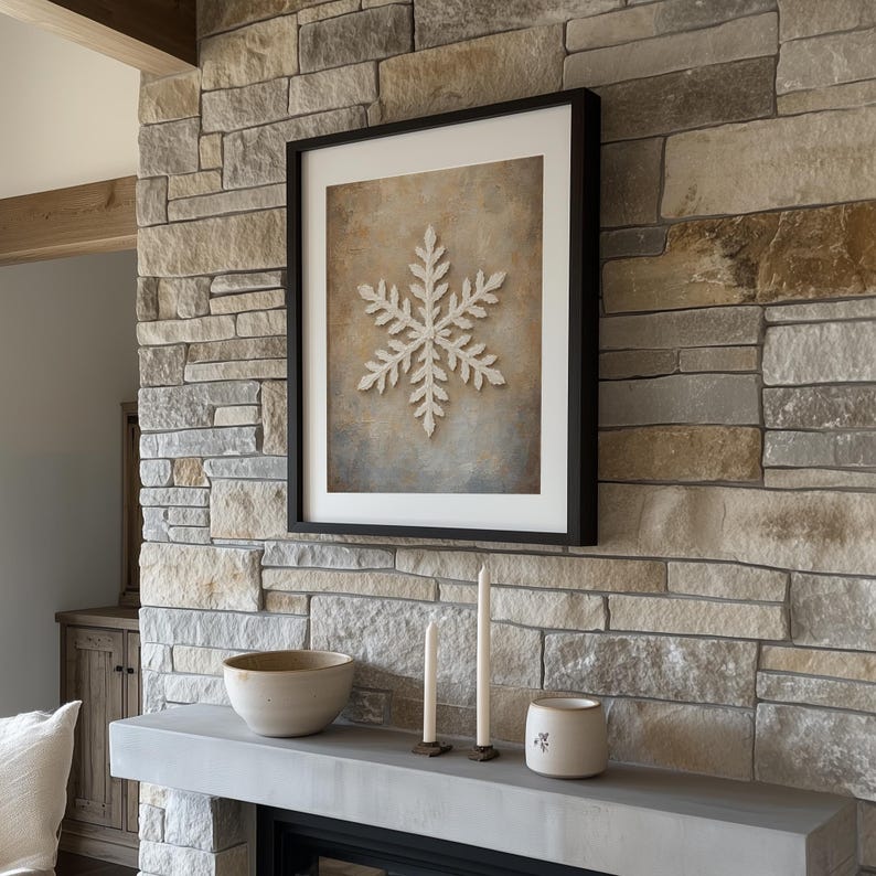 Geometric snowflake digital wall art for entryway — instant download picture with aged weathered look