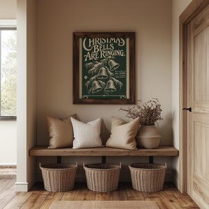 Antique Christmas bells digital wall art with farmhouse appeal, cream accents, and traditional serif typography