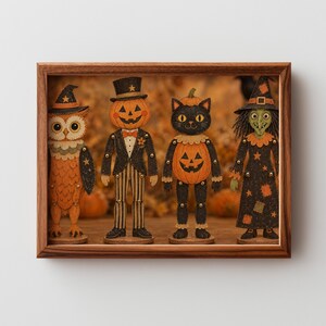 Movable joint Halloween doll figures wall art for craft room — textured hand-illustrated spooky-cute aesthetic