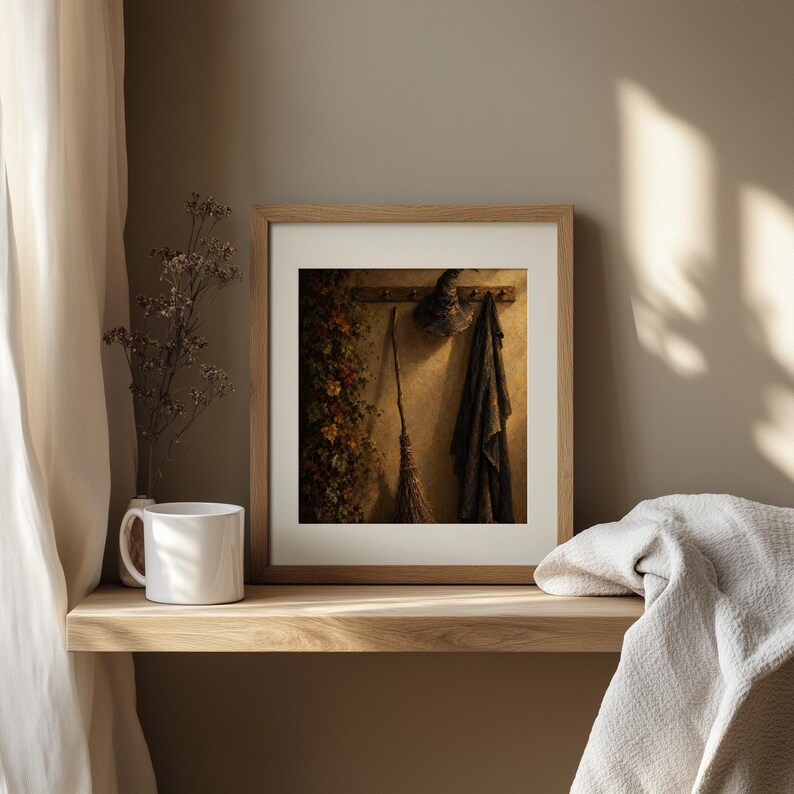 Dark cottagecore printable art of hanging mystical items — golden-brown tones with aged wood peg