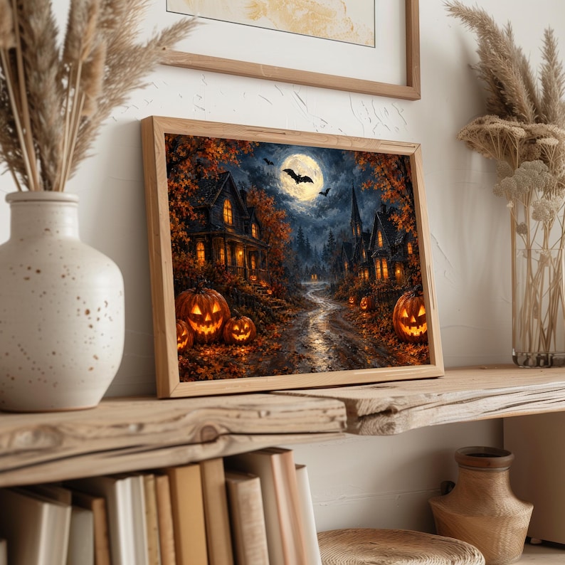 Eerie autumn street picture printable art for foyer — vintage brushstroke style showing glowing carved pumpkins and moonlit backdrop