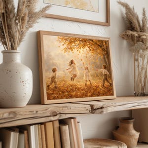 Childhood wonder in fall setting digital art print for entryway — cottagecore scene with misty landscape and warm nostalgic feel