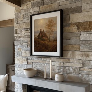 Vintage countryside cottage poster for bedroom — warm earthy tones with hazy atmospheric glow