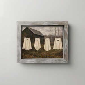 Phantom figures on washline wall art for kitchen — vintage countryside painting with soft greens and moody autumn vibes