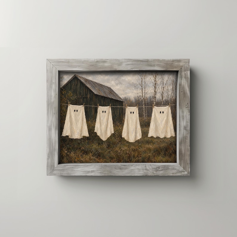 Phantom figures on washline wall art for kitchen — vintage countryside painting with soft greens and moody autumn vibes