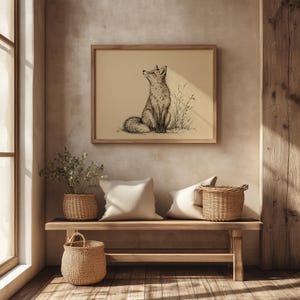 Vintage naturalist fox sketch printable art for entryway — aged illustration capturing woodland tranquility