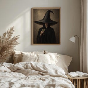 Witchy bar art wall décor printable featuring dark robed figure — sophisticated Halloween portrait