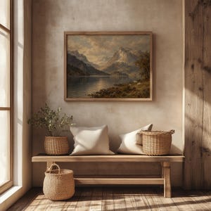 Majestic peak and shoreline digital print for gallery wall — vintage countryside aesthetic with muted earth tones