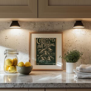 Vintage Christmas bells artwork for entryway — traditional festive charm with dark green background and gold flourishes