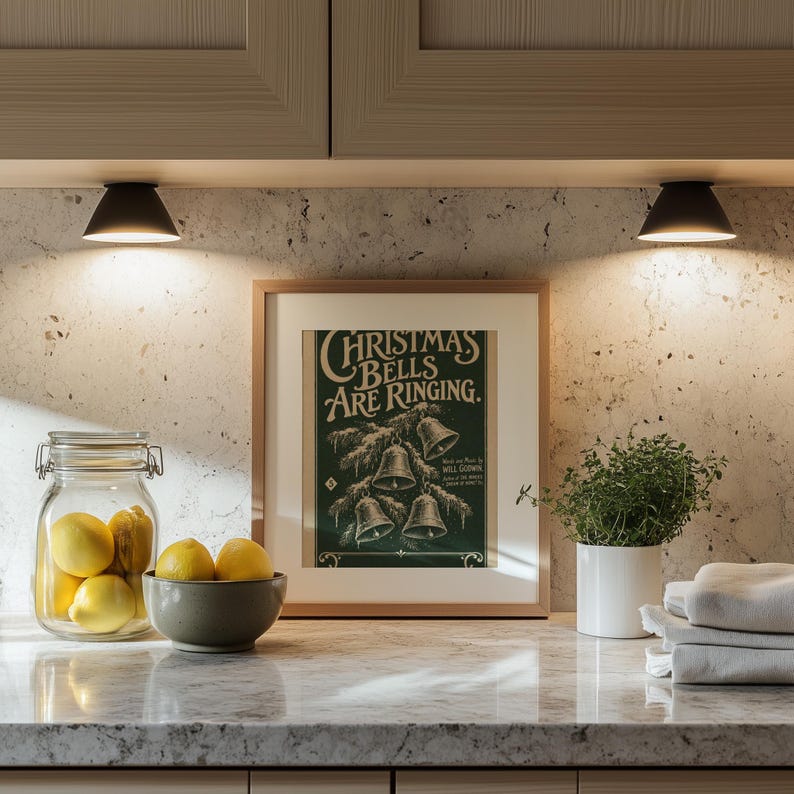 Vintage Christmas bells artwork for entryway — traditional festive charm with dark green background and gold flourishes