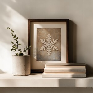 Frost-covered snowflake poster for entryway — distressed cottage decor featuring soft cream and gray backdrop