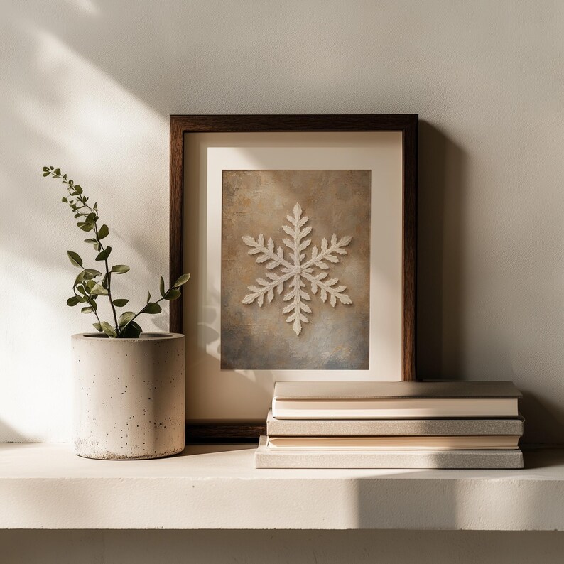 Frost-covered snowflake poster for entryway — distressed cottage decor featuring soft cream and gray backdrop