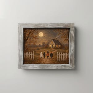 Full moon Halloween poster featuring costumed children on cottage path — folk art style with rustic autumn mood